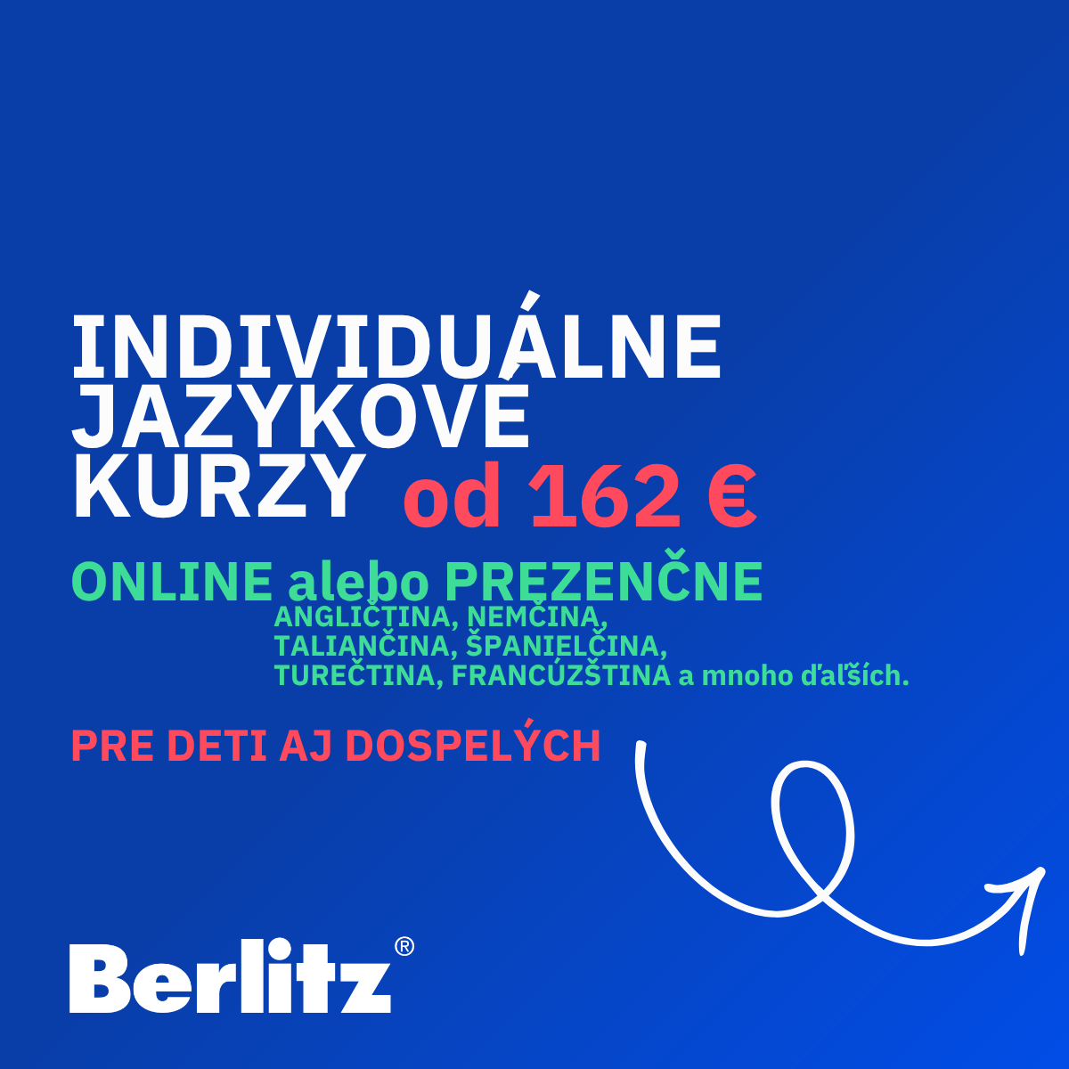 PREZENČNE alebo ONLINE <br /> ANGLIČTINA, NEMČINA a iné <br /> INDIVIDUÁLNY KURZ <br /> balík 6 x 45 min<br /> čerpanie do jedného týždňa